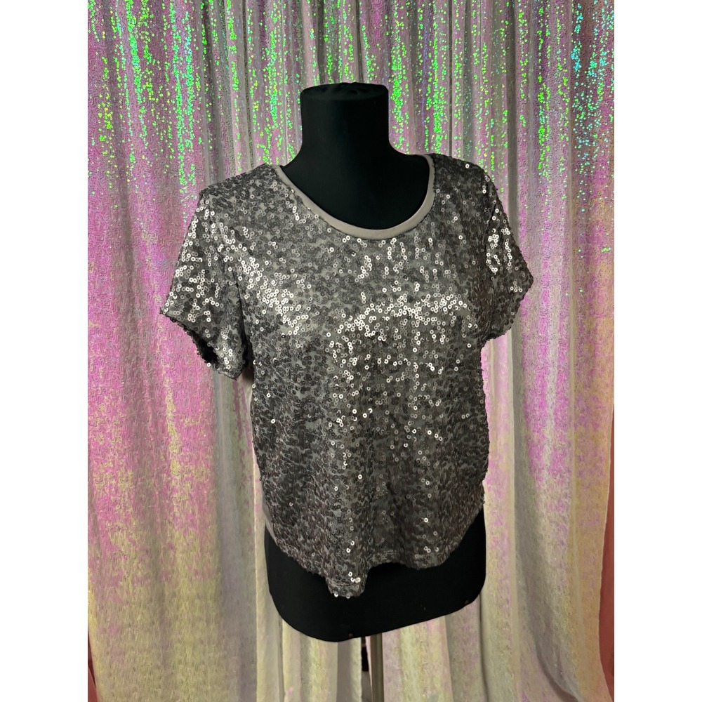 Bongo Womens Silver Sequin Short Sleeve Top Grey Split Back Party Shirt Large